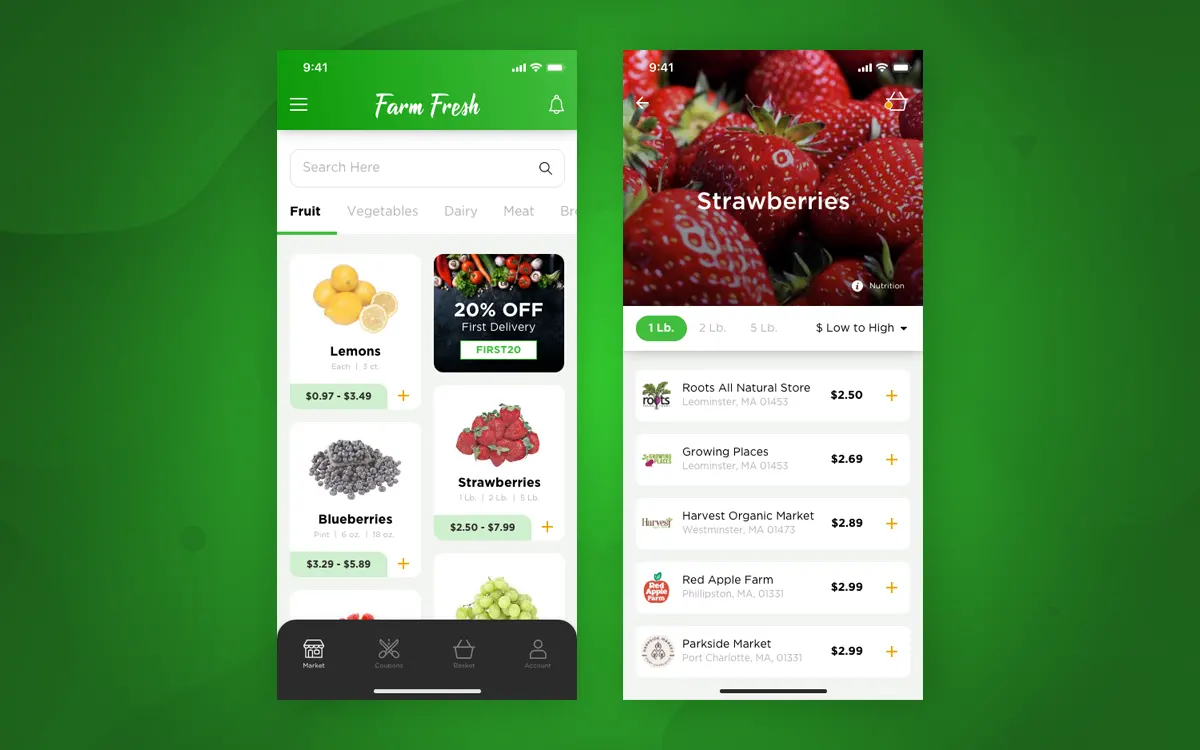 Farm Fresh home screen and screen showing a vendor list